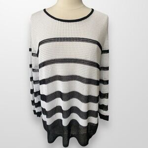 Alfred Dunner Woman Size 2X Top Shirt Tunic Black‎ White Long Sleeve Open Weave